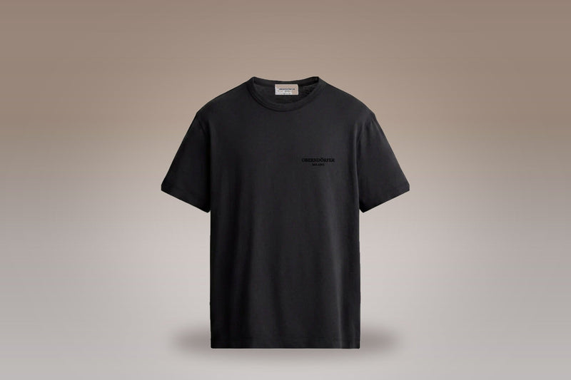 Embroidered T-Shirt in black on a taupe studio ground - Oberndörfer Milano Ready to Wear