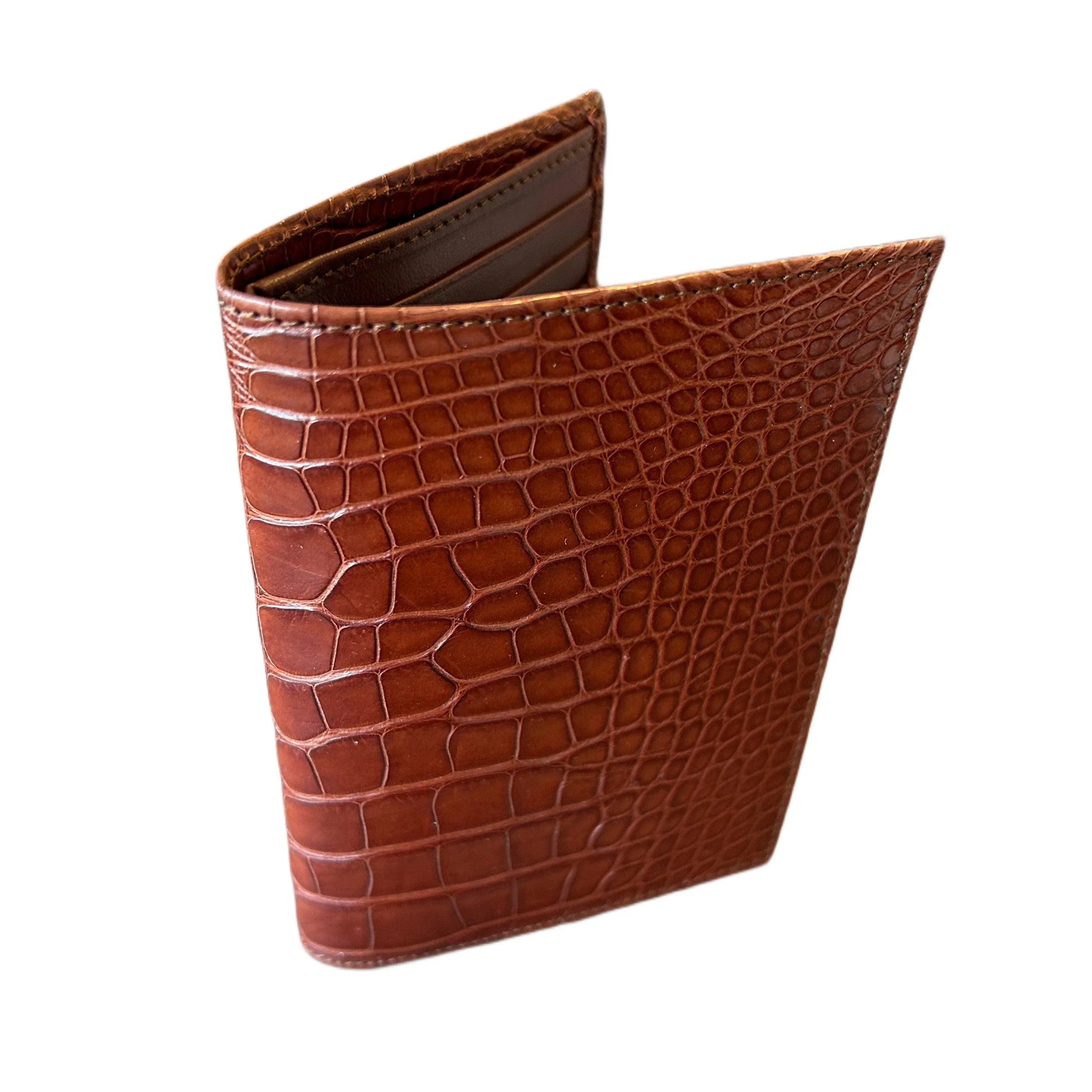 Brown crocodile-embossed leather wallet with card slots, luxury handcrafted design