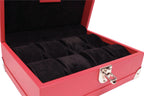 8-Place Watchbox in red leather, close-up of brass corner detail