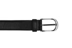 Black leather belt coiled showing round metal buckle