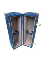 Wine Holder Leather Box open showing two suede-lined bottle compartments with leather retaining straps