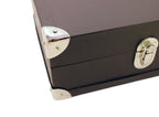 Close-up of luxury black leather box with silver metal corners and latch