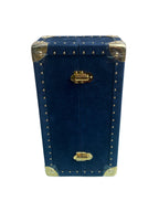 Wine Holder Leather Box in blue Nabuk leather, front view showing twin brass clasps
