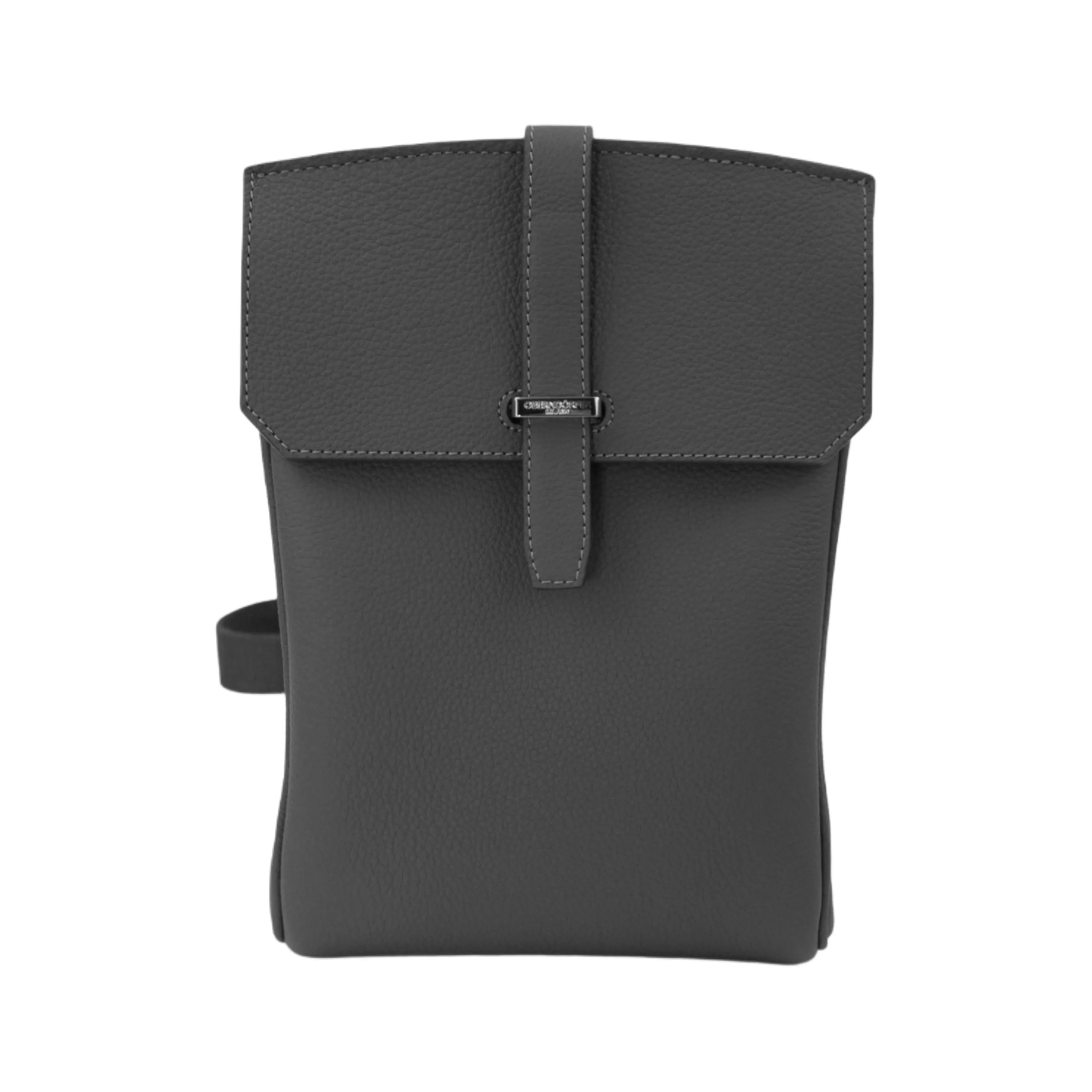 Grey leather crossbody bag with strap on a white background