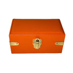 Watch & Jewelry Box in orange leather, open showing watch roll interior