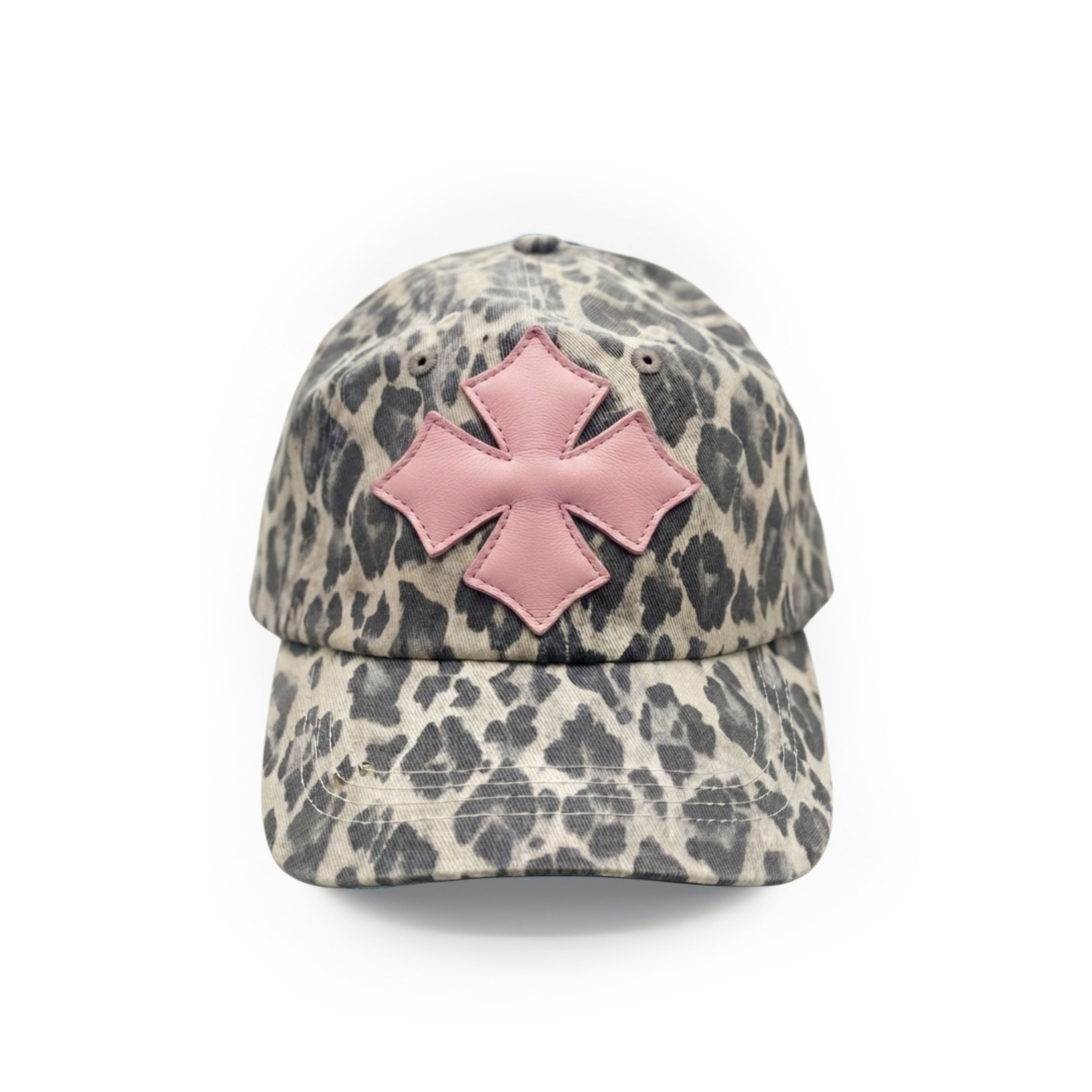 Front view of a stone and charcoal leopard print washed cotton baseball cap with a pink calf leather logo patch