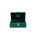 Green handcrafted leather watch box with silver clasp and black velvet interior