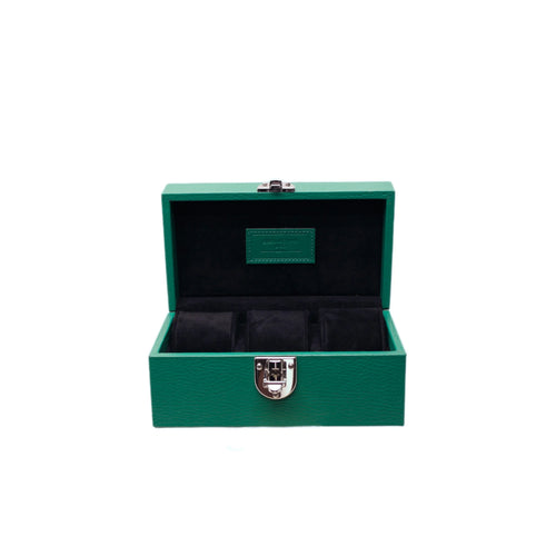 3-Place Watchbox in green leather, open showing interior - Oberndörfer & CO