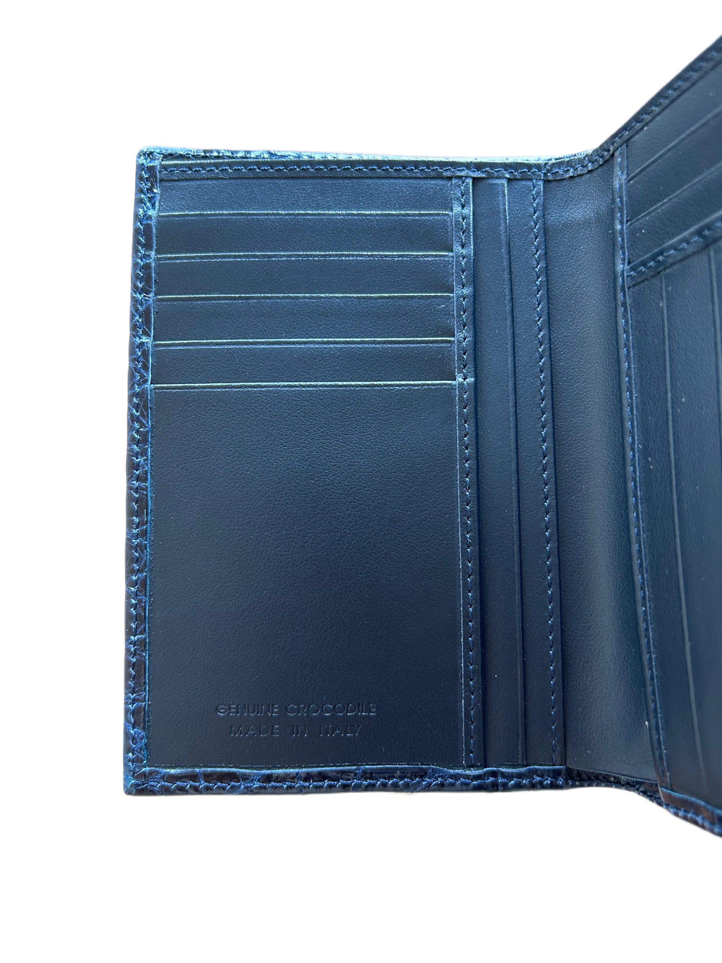 Blue genuine crocodile leather wallet interior with card slots, handcrafted in Italy