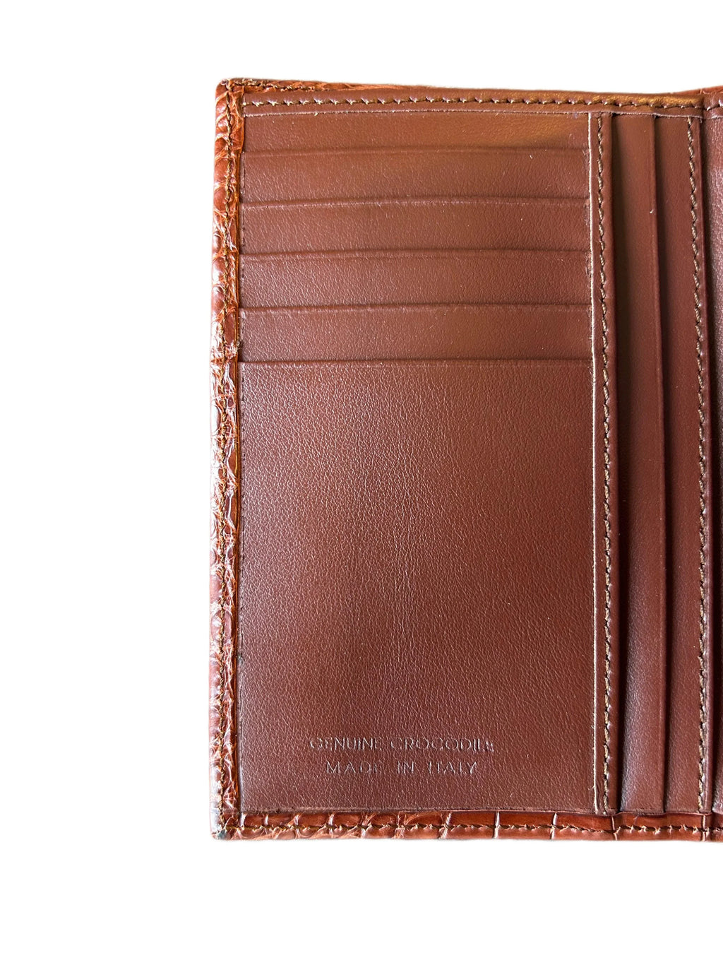 Handcrafted brown crocodile leather wallet interior with card slots, made in Italy