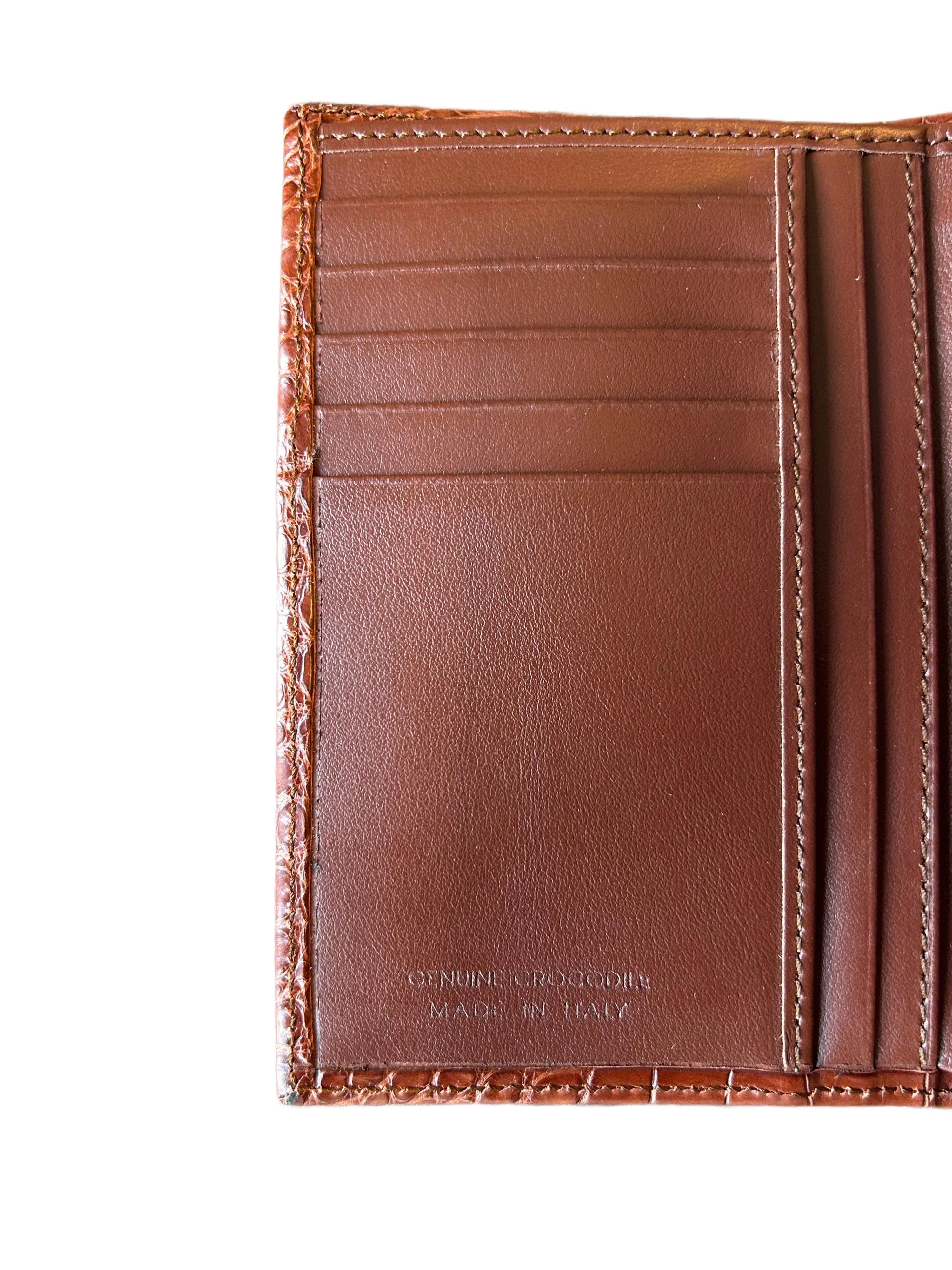 Handcrafted brown crocodile leather wallet interior with card slots, made in Italy