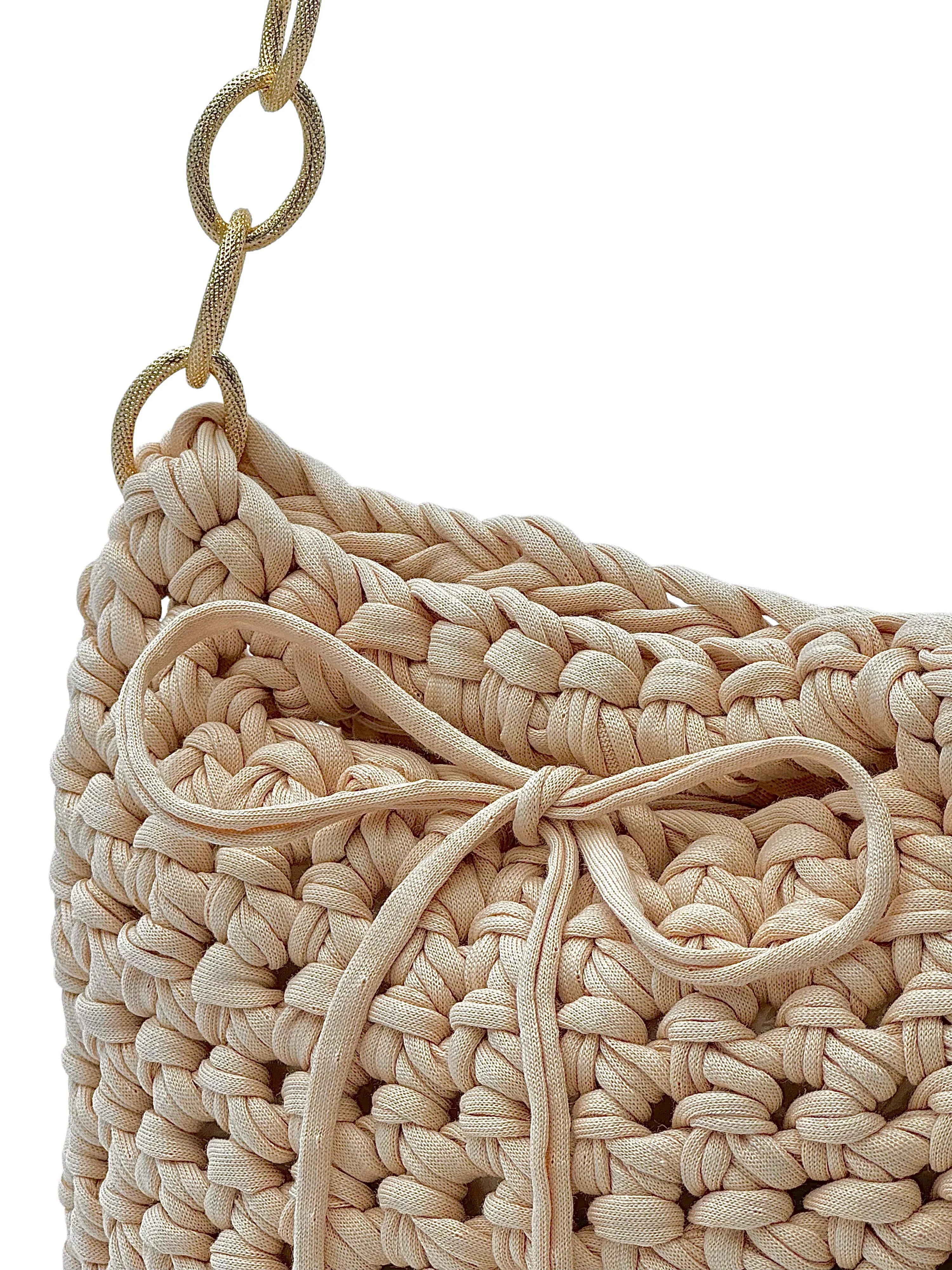 Beige crochet handbag with leather trim, side view - handmade in Italy
