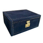 Nabuk Leather Jewelry Box in blue, open showing compartments