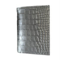 Gray crocodile-embossed leather wallet with detailed stitching on white background