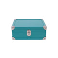 Turquoise leather storage box with metal corner accents and clasp, luxury handcrafted design
