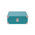 Turquoise leather storage box with metal corner accents and clasp, luxury handcrafted design