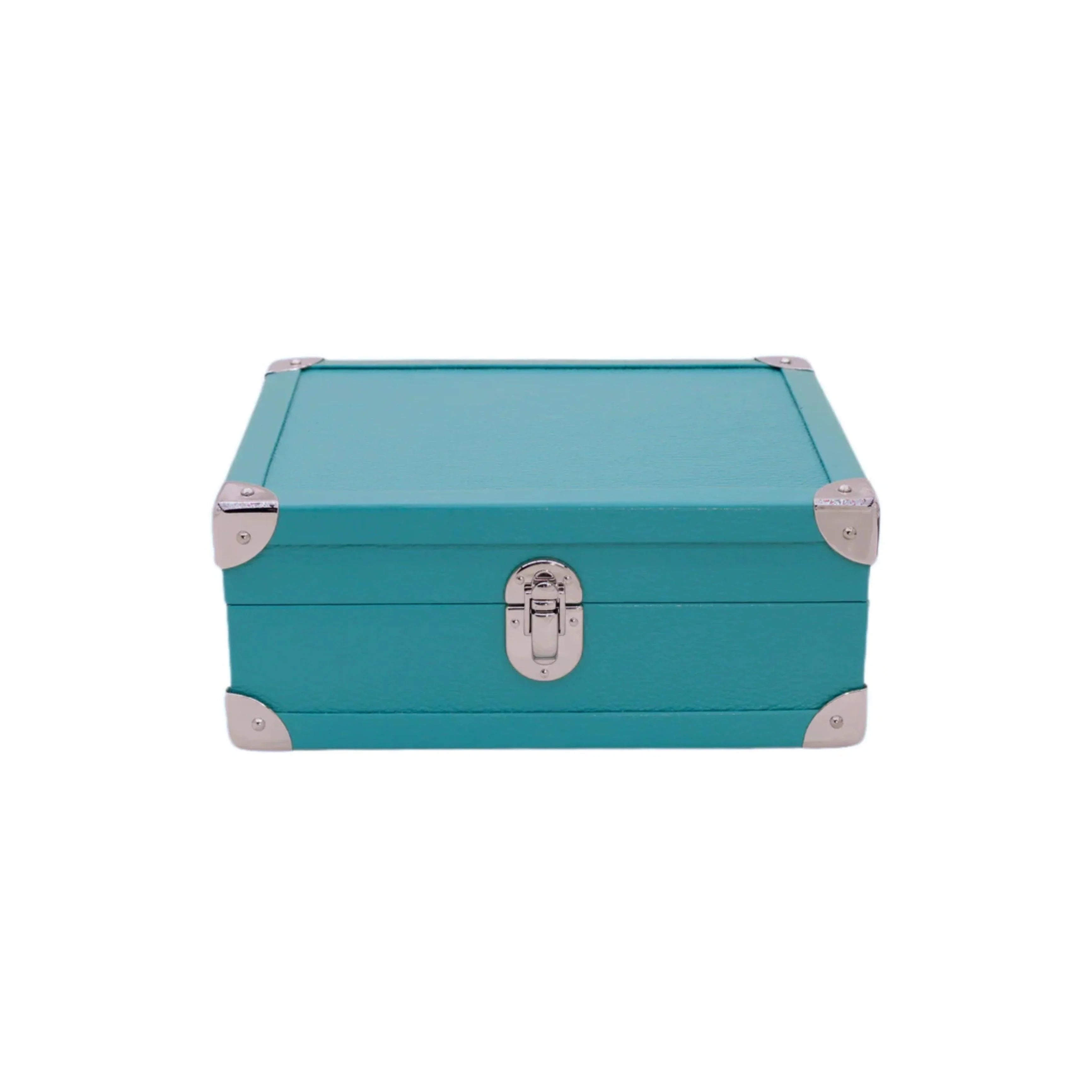 Turquoise leather storage box with metal corner accents and clasp, luxury handcrafted design