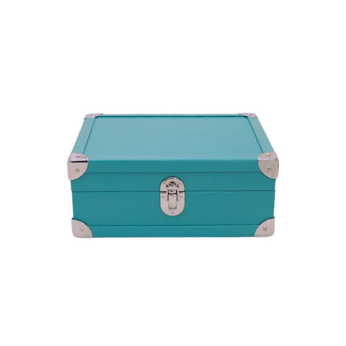 Turquoise leather storage box with metal corner accents and clasp, luxury handcrafted design
