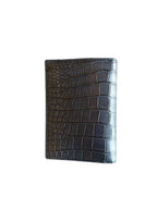 Dark blue crocodile leather wallet, angled view with handcrafted stitching