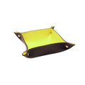 Brown and yellow leather valet tray with gold snaps on white background