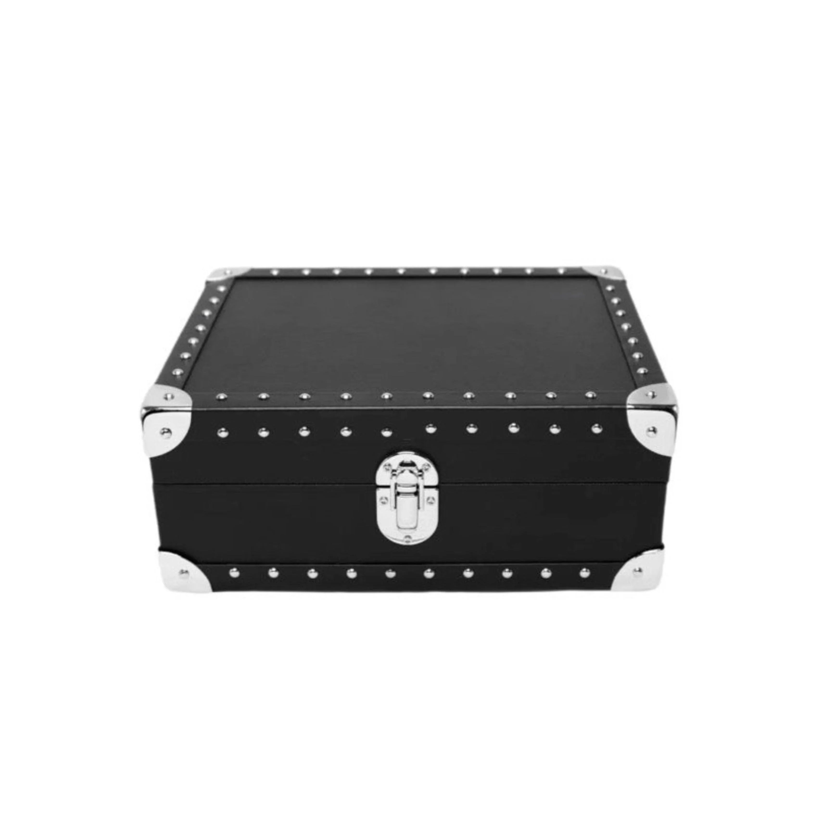 Black leather studded storage box with metal accents and latch on white background