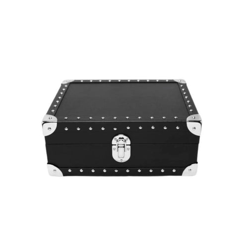 8-Place Watchbox in black Saffiano leather with brass stud detail, open showing interior - Oberndörfer Milano