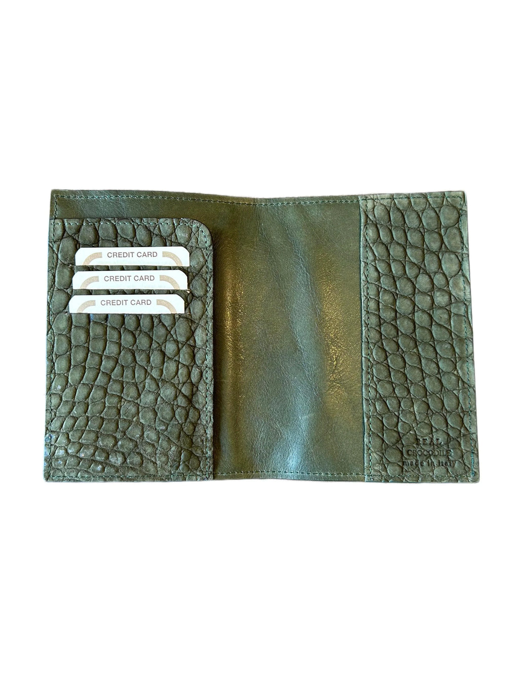 Open green crocodile leather wallet with four credit card slots, handcrafted Italy