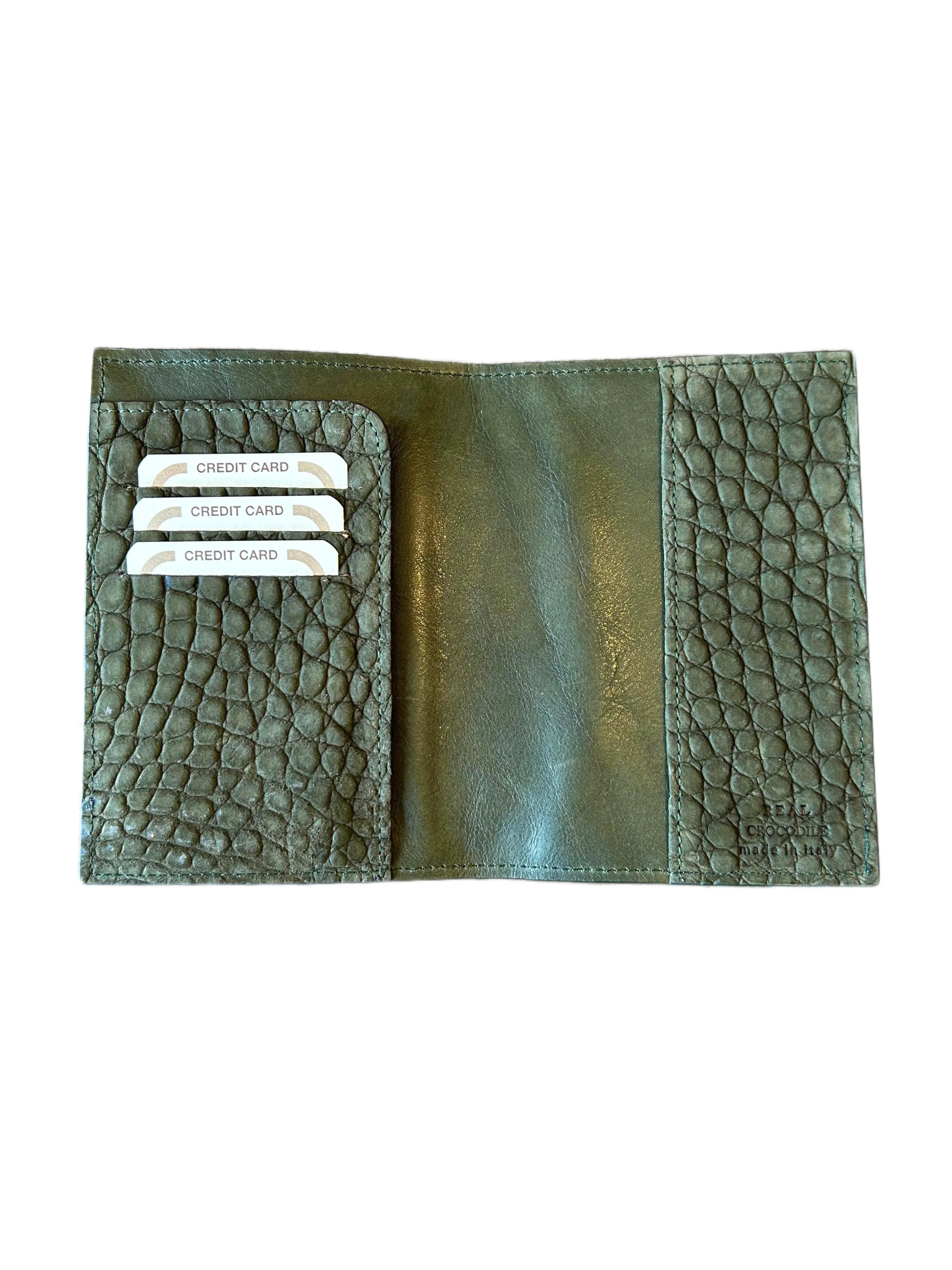 Open green crocodile leather wallet with four credit card slots, handcrafted Italy