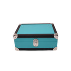 Turquoise leather storage box with black trim and metal corners, closed and latched