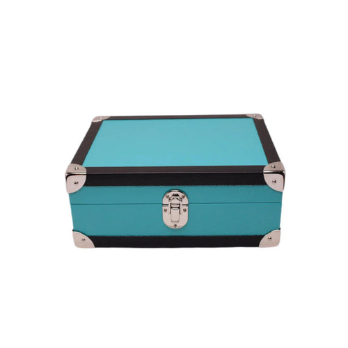 Turquoise leather storage box with black trim and metal corners, closed and latched