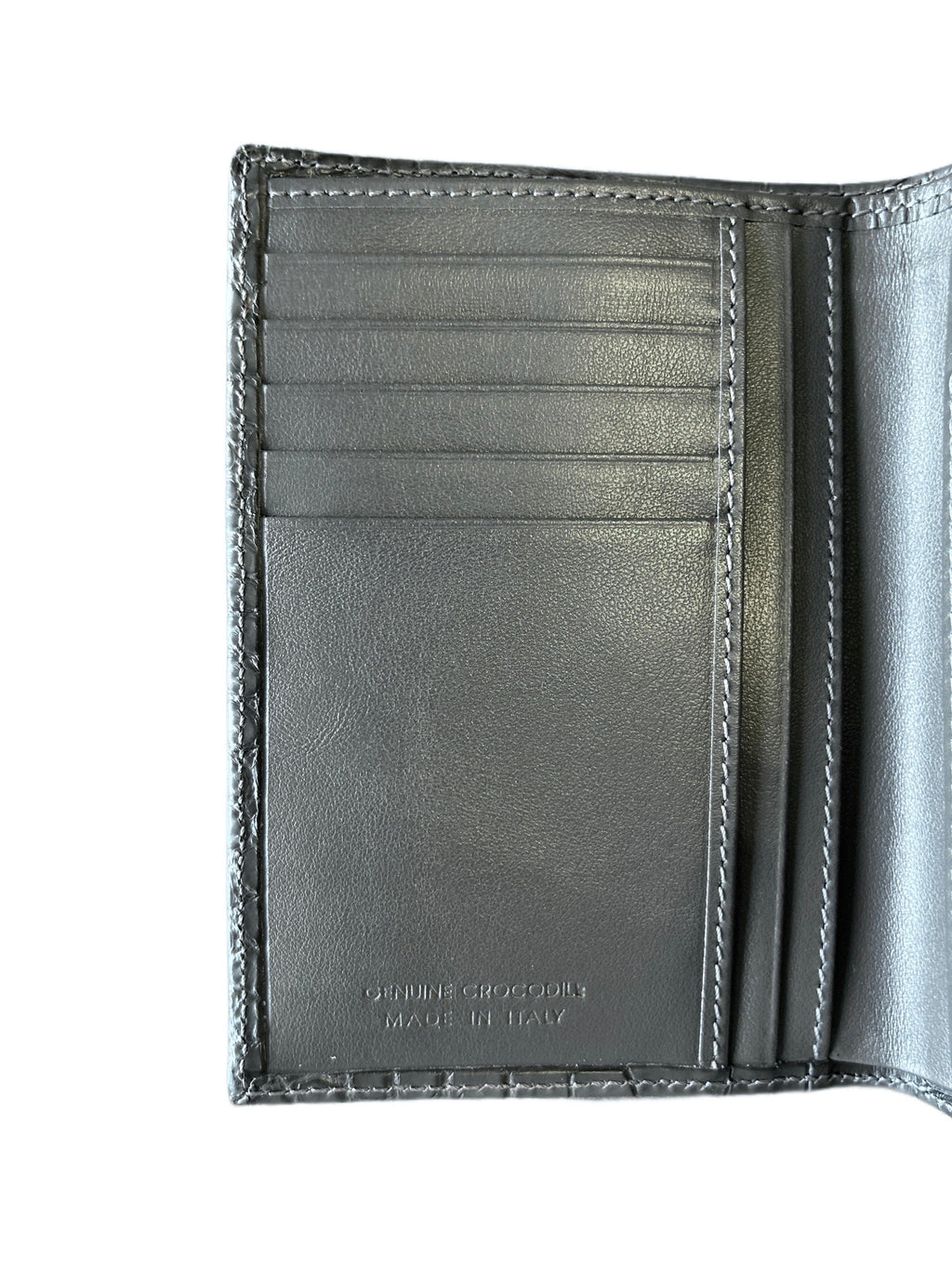 Interior of luxury grey genuine crocodile leather wallet with card slots, made in Italy