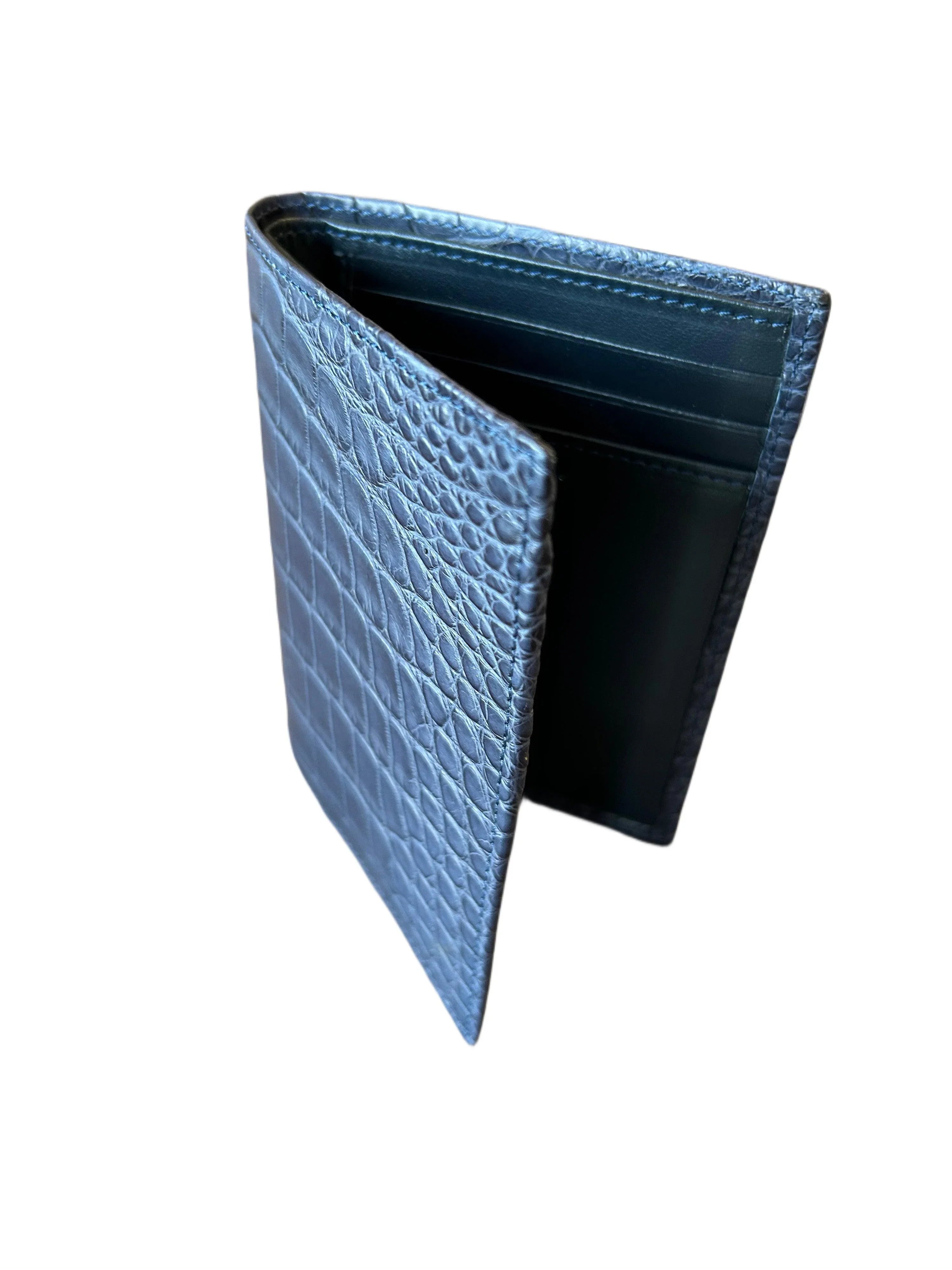 Blue crocodile-embossed leather wallet with card slots, luxury handcrafted accessory