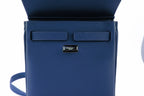 Blue leather backpack close-up of palladium brass closure