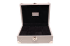 Luxury Italian leather watch box with black velvet interior and metal clasp, open lid