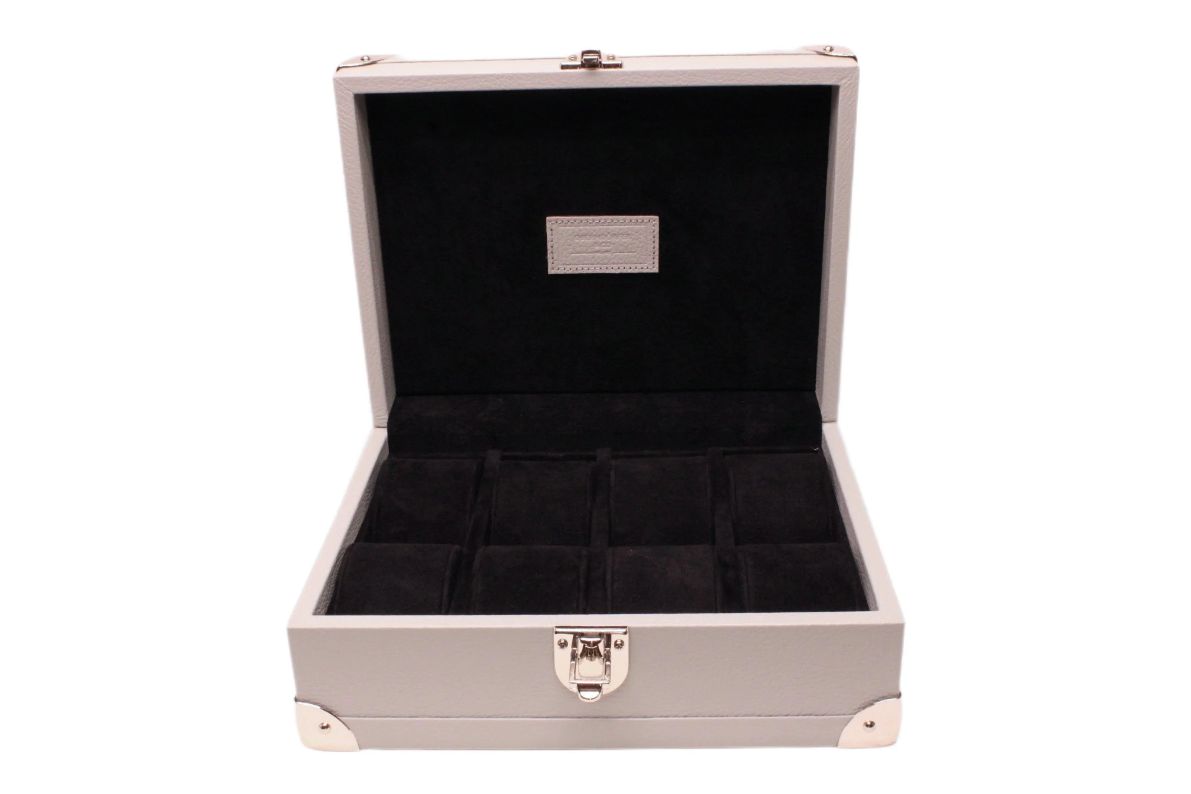 Luxury Italian leather watch box with black velvet interior and metal clasp, open lid