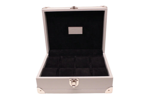 Luxury Italian leather watch box with black velvet interior and metal clasp, open lid