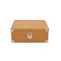 Tan leather storage box with silver metal corners and latch, luxury handcrafted design