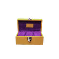 Yellow leather jewelry box with purple velvet interior and silver clasp, open and empty