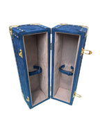 Wine Holder Leather Box open showing both bottle compartments and grey suede lining