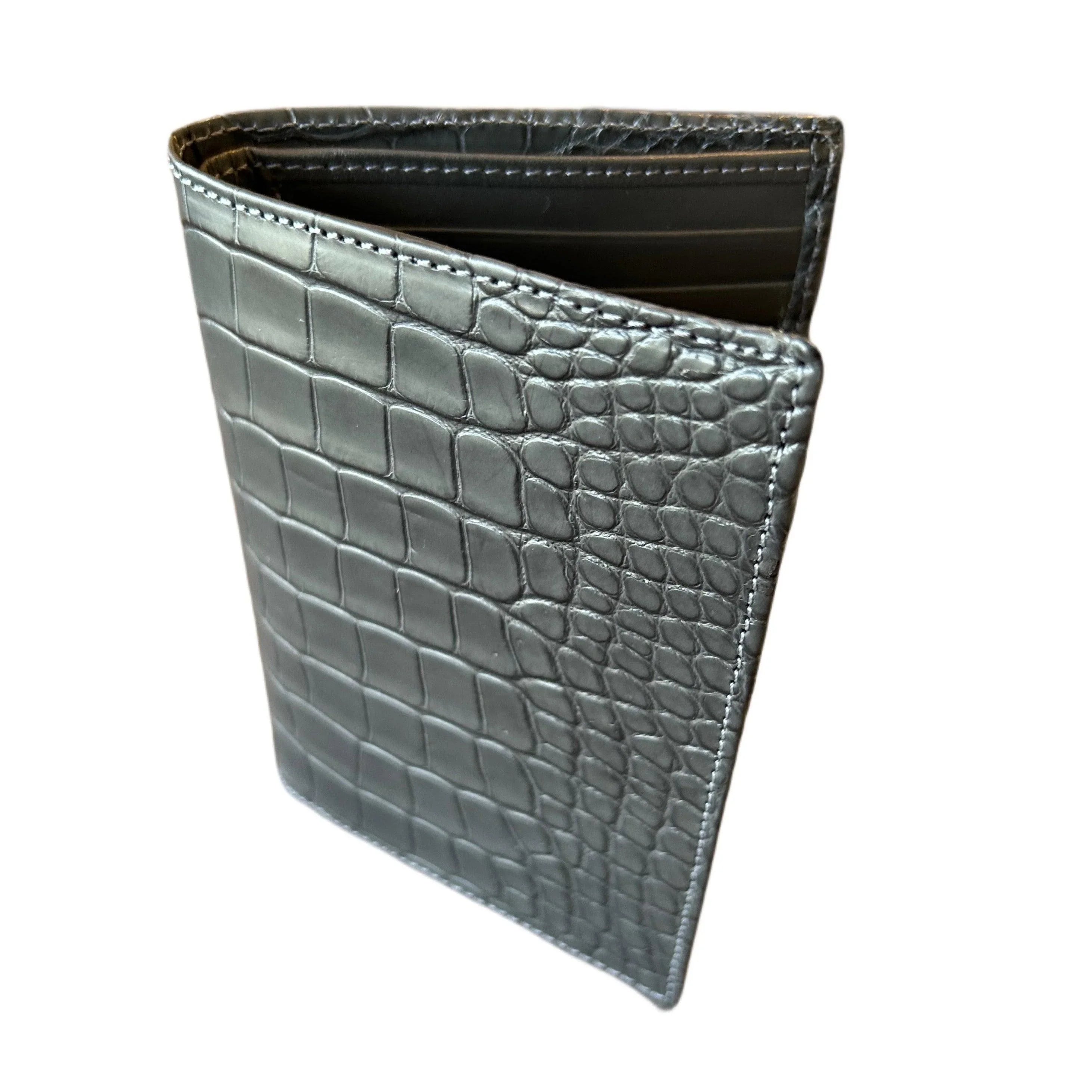 Black crocodile-embossed leather wallet with visible card slots, luxury Italian craftsmanship