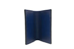 Open blue leather wallet with minimalist design on white background