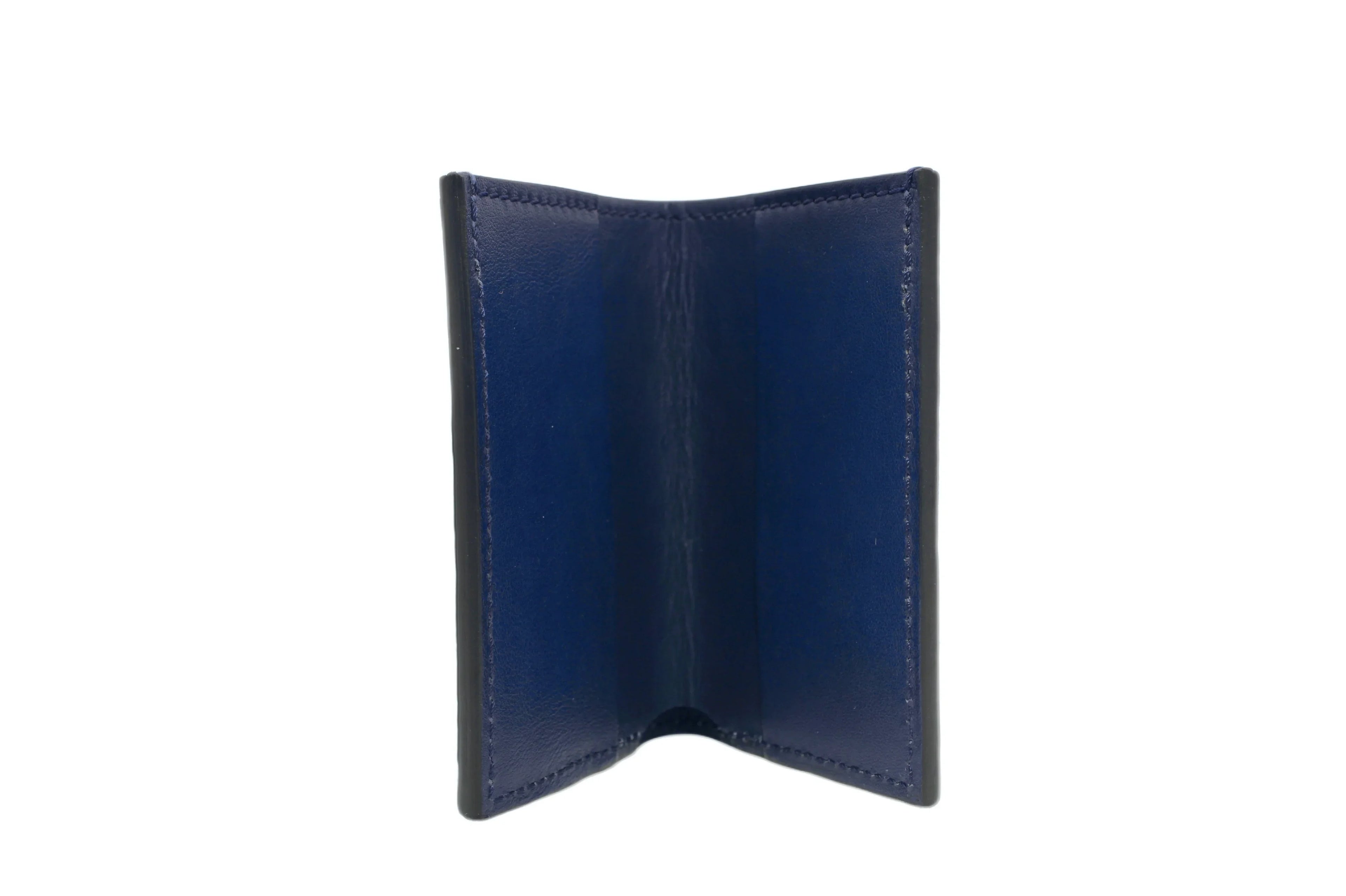 Open blue leather wallet with minimalist design on white background