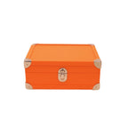 Orange handcrafted leather box with metal corners and latch on white background