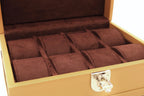 Luxury brown suede interior watch box with compartments and silver clasp