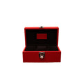Red Italian leather watch box with black velvet interior and silver clasp, open lid