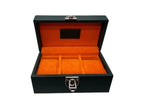 3-Place Watchbox in dark green leather, angled view on display