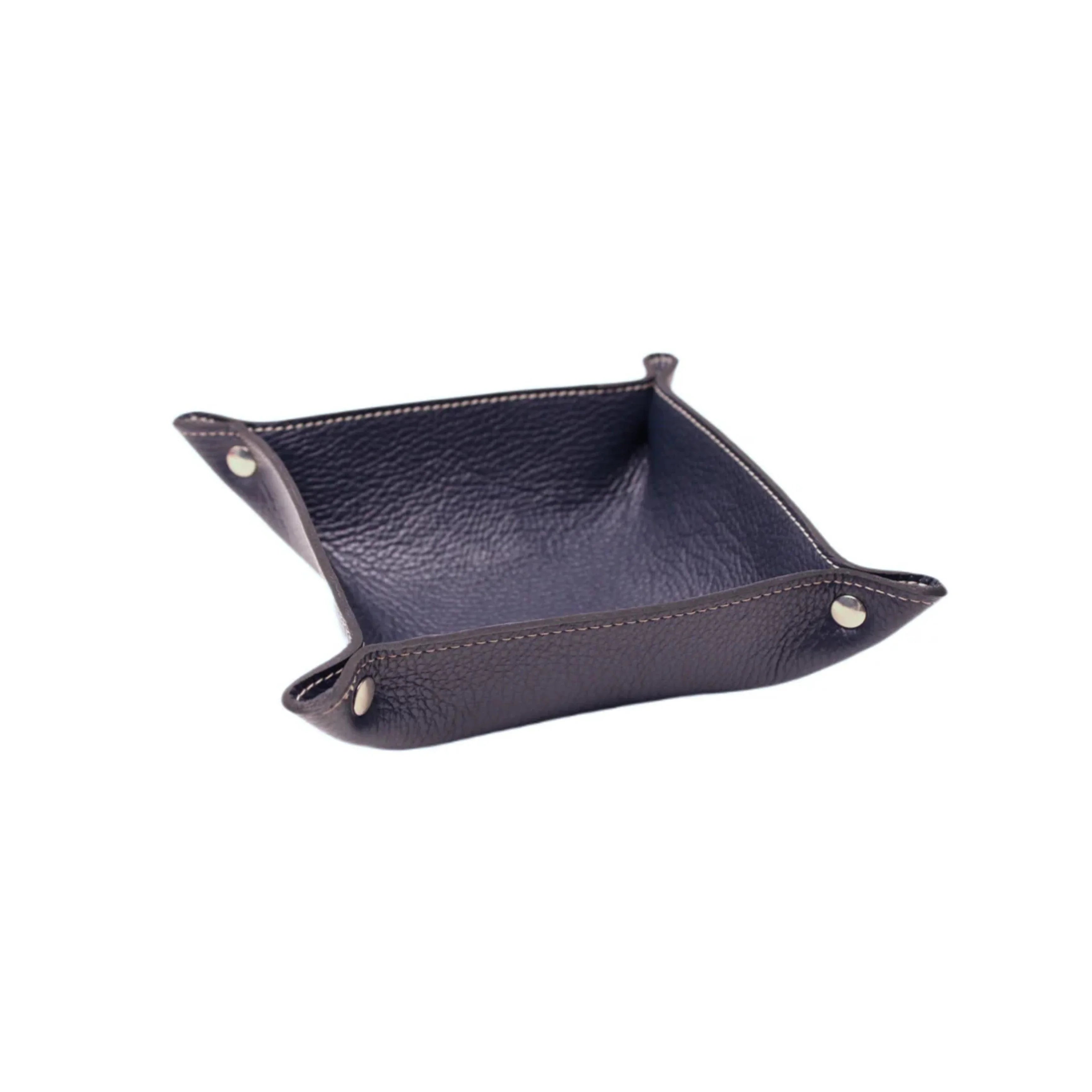 Dark brown Italian leather valet tray with silver snap buttons on white background