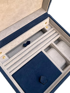 Nabuk Leather Jewelry Box in blue, interior showing Alcantara lining