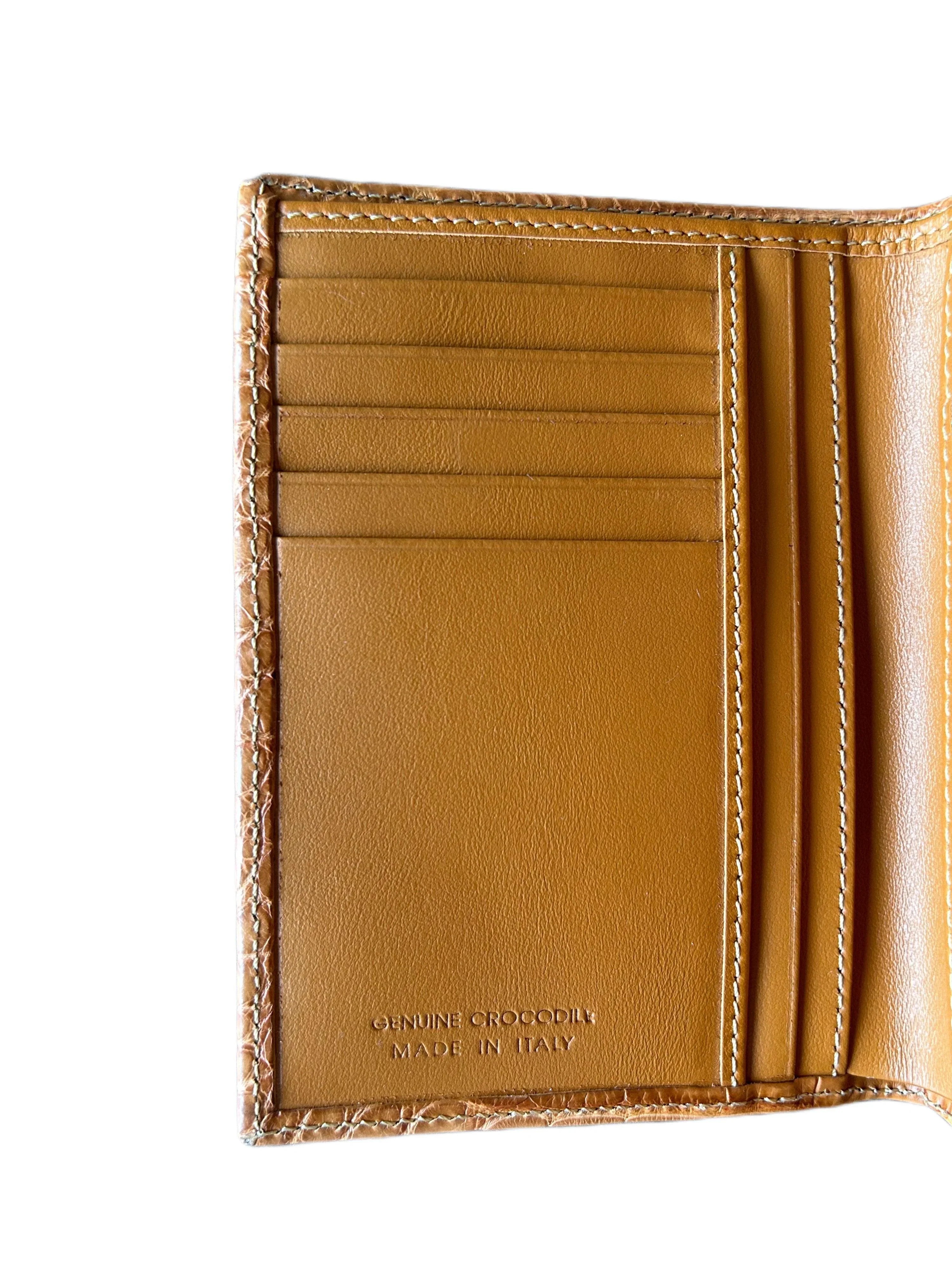 Tan Italian handcrafted genuine crocodile leather wallet interior with card slots