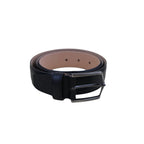 Black leather belt angled view on display